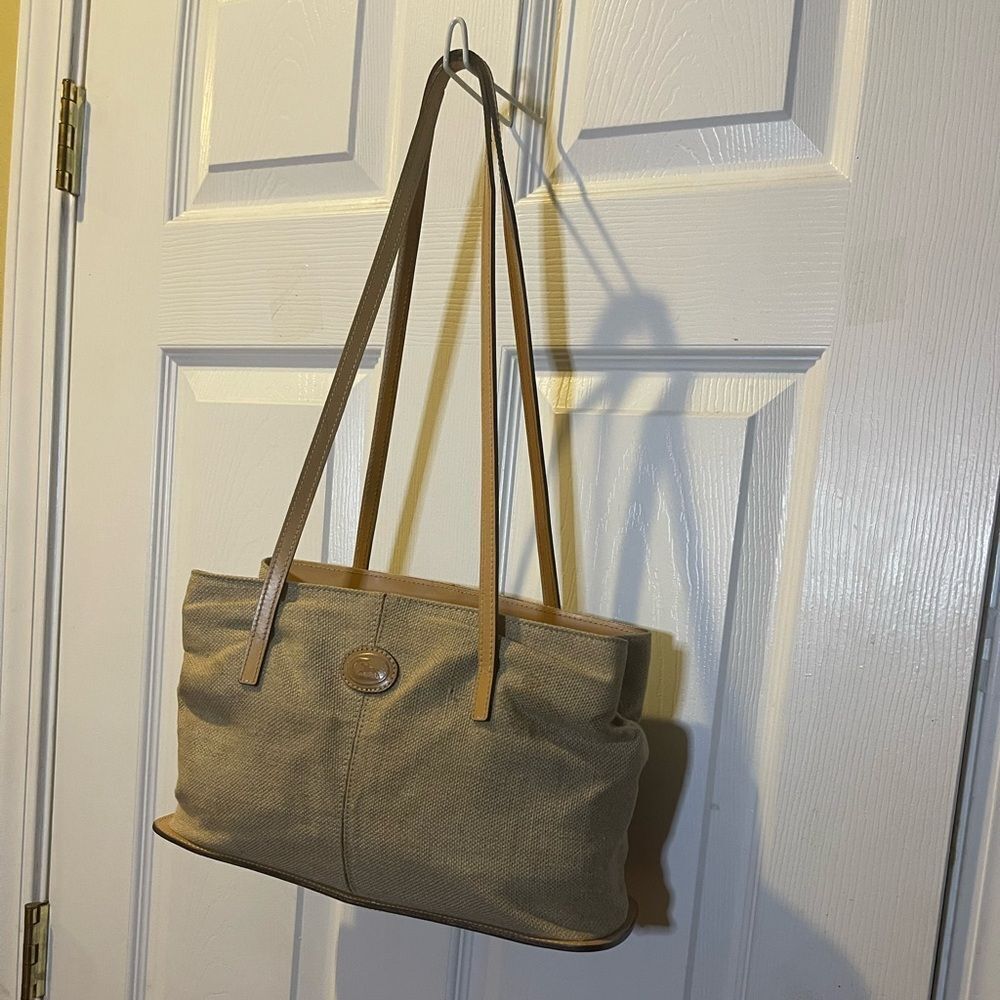 Cristian linen fabric khaki small shoulder bag with leather tan trims and straps